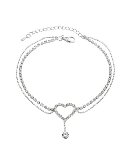 Silver Plated CZ Studded Heart and Dangling Solitaire Layered Anklet