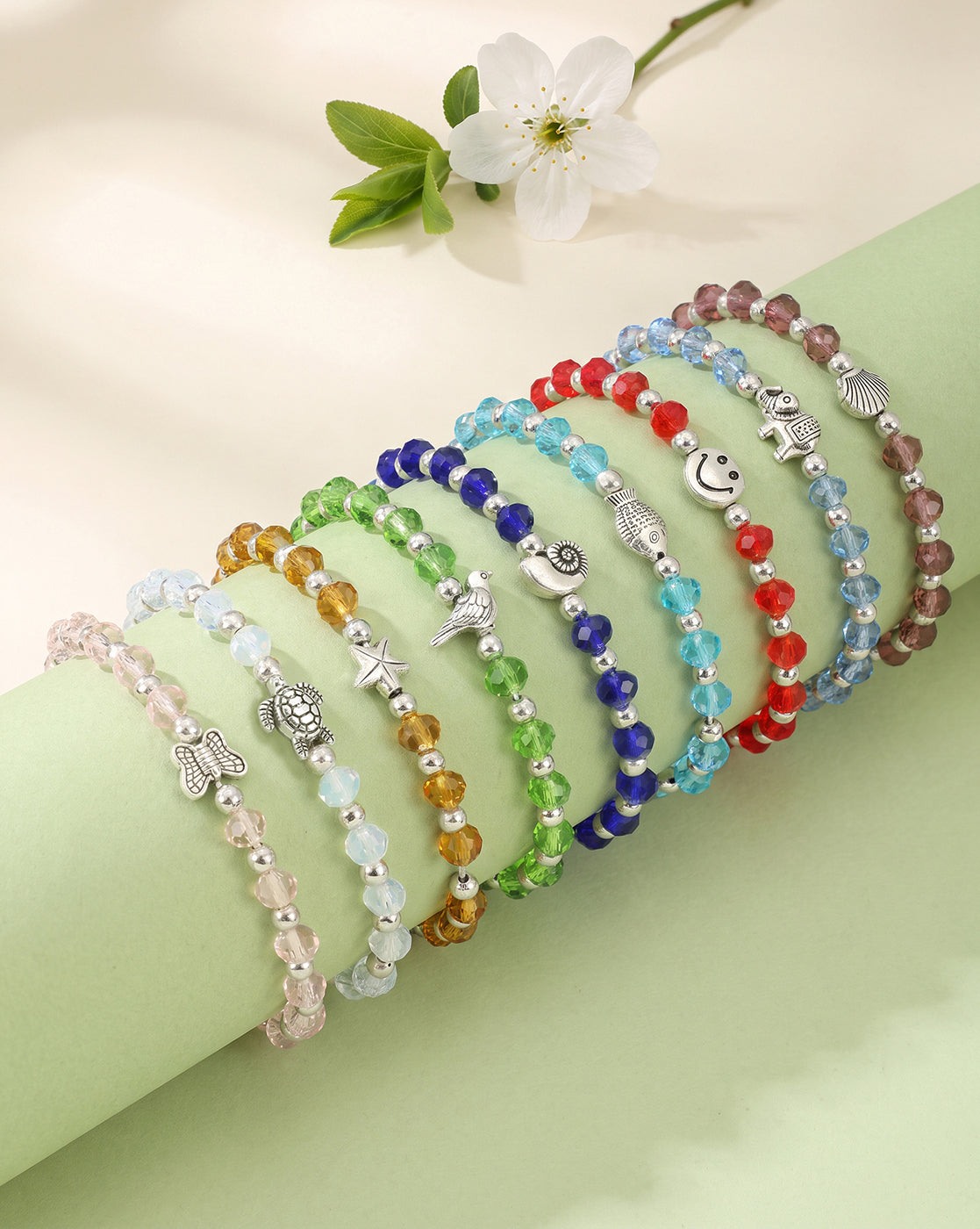 Set of 9 Coloured Bead &amp; Silver Plated Butterfly-Tortoise-Star-Elephant-Smiley-Bird-Butterfly Charm Bracelet for Girl