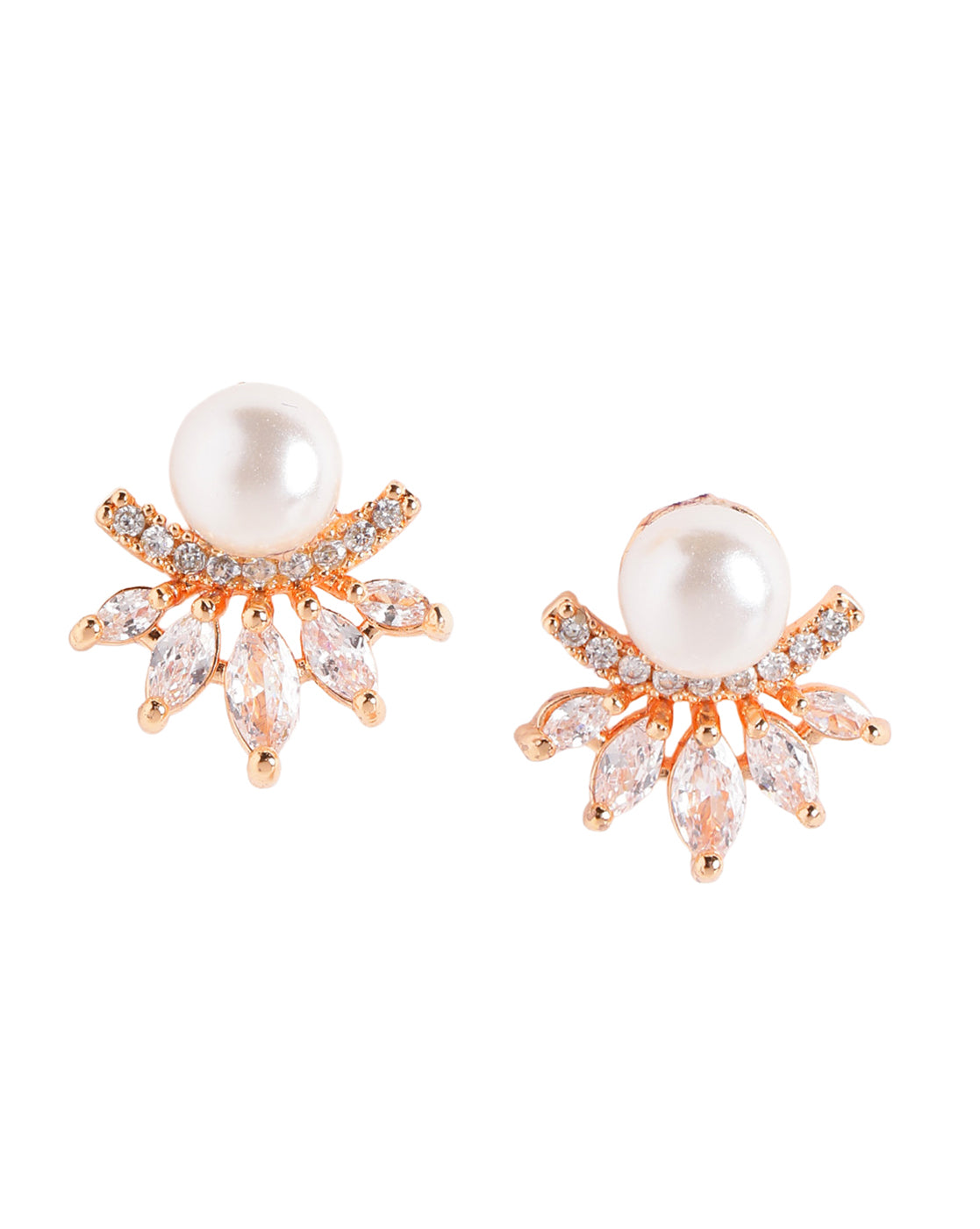 Rose Gold Plated CZ Studded and Pearl Cluster Stud Earring