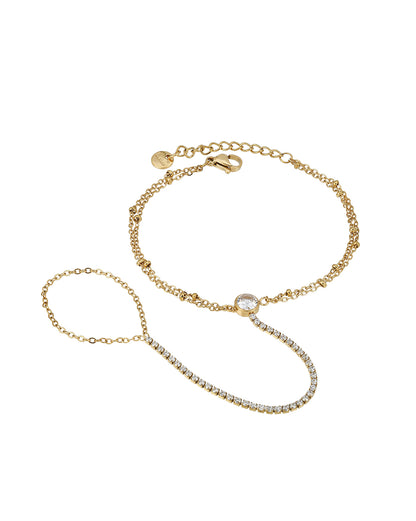 Premium Gold Plated Dainty CZ Studded with Solitaire Hand Chain Bracelet