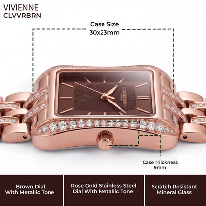 Carlton London Vivienne Women’s Watch - Brown Rectangle Dial, Rose Gold Stainless Steel Strap - CLVVRBRN