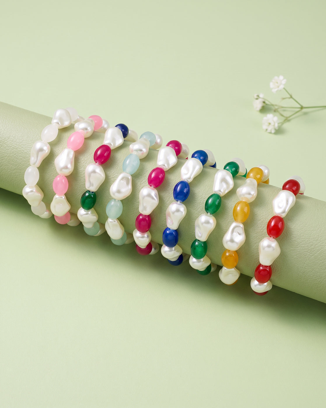 Set of 9 Multi Coloured Bead &amp; Pearl Stretchable Bracelet for Girl