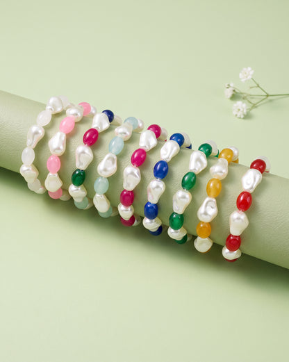 Set of 9 Multi Coloured Bead &amp; Pearl Stretchable Bracelet for Girl