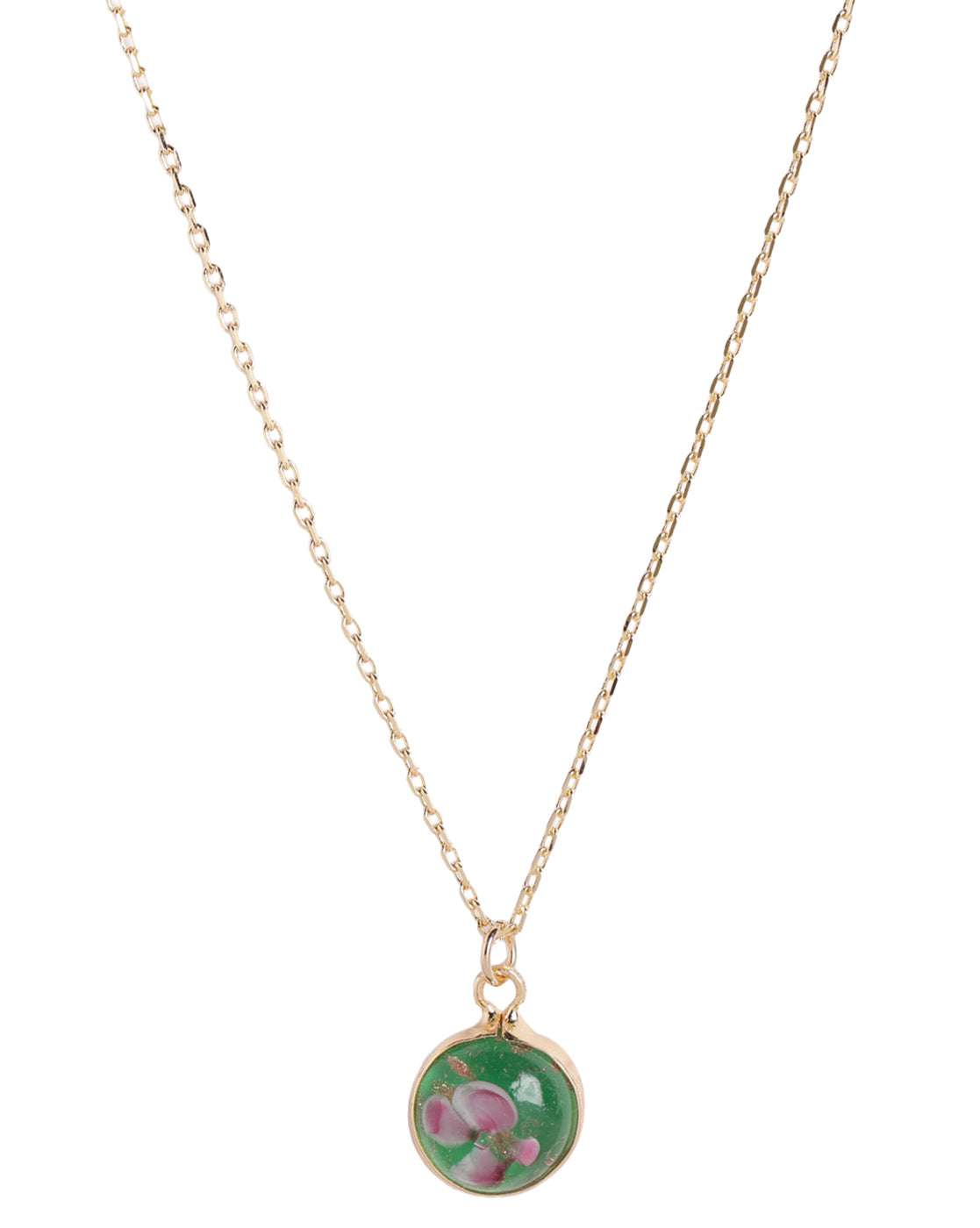 Gold Plated Green Stone and Enamel Round Floral Pendant with Chain