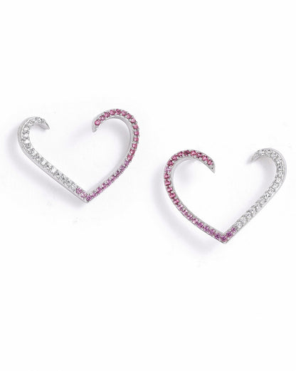 Rhodium Plated Gradient Ruby Studded Heart Bold Fashionable Stud Earring