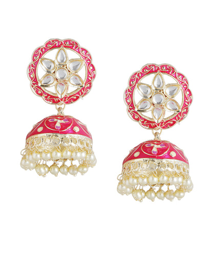Gold Plated Kundan and Red Meenakari Jhumka Earrings with Pearl Drops