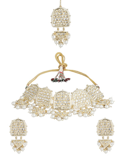 Gold-Plated Kundan Pearl Choker, Earrings &amp; Maang Tika Set
