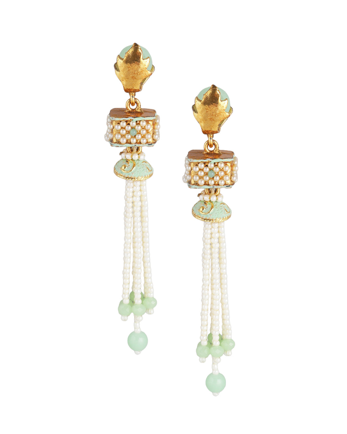 Gold Plated Enamel Green Stone &amp; Pearl Tassel Drop Earring
