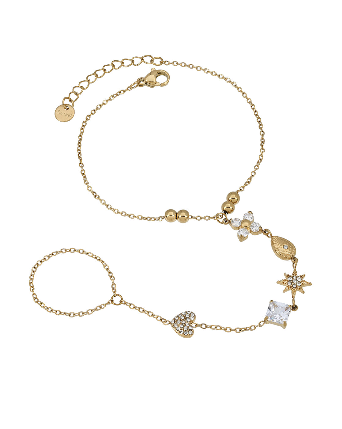 Premium Gold Plated CZ Studded Floral,Heart, Star,Tear Drop &amp; Cushion Solitaire Hand Chain Bracelet