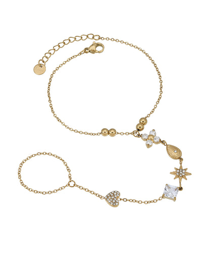 Premium Gold Plated CZ Studded Floral,Heart, Star,Tear Drop &amp; Cushion Solitaire Hand Chain Bracelet