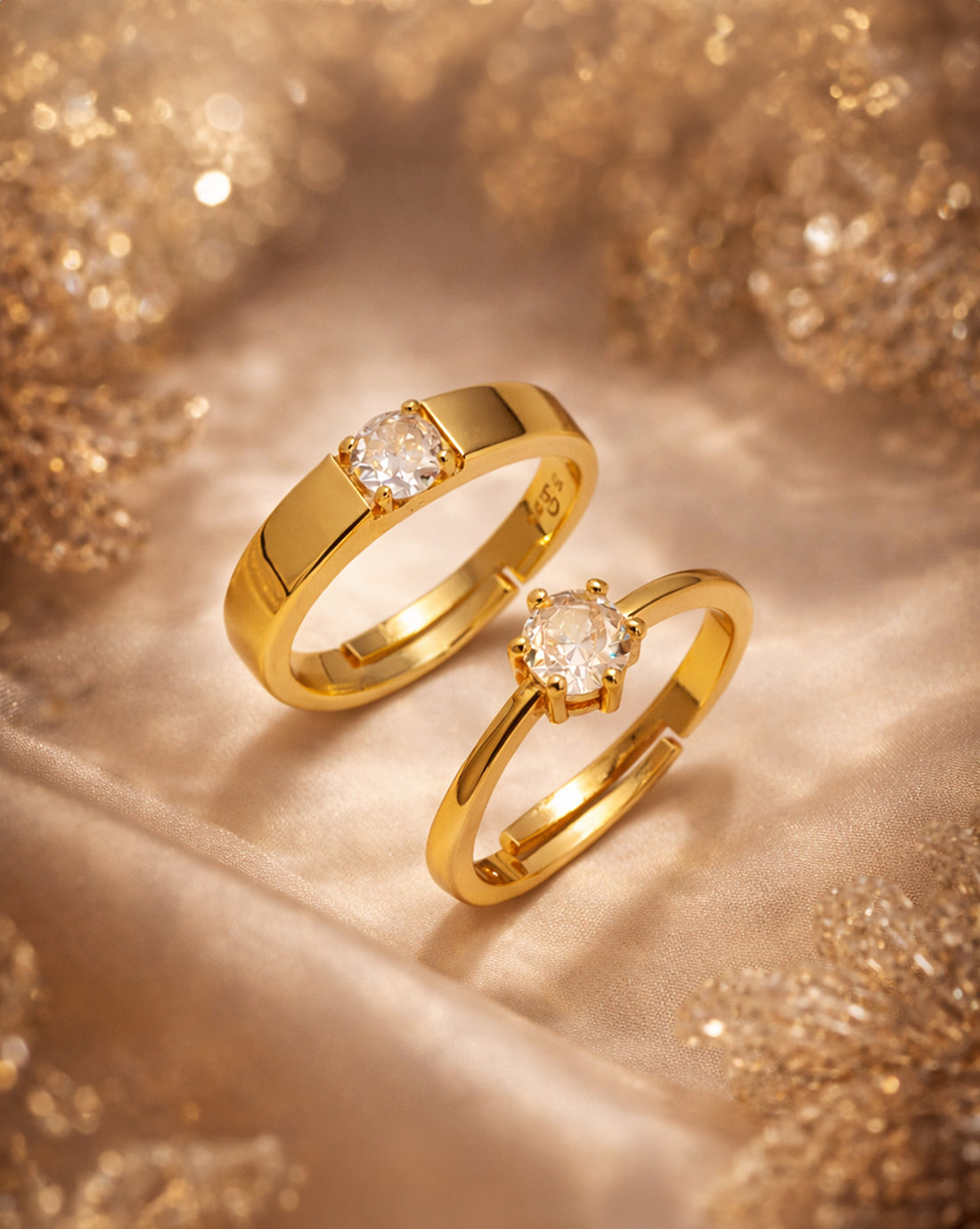 Set of 2 Gold Plated CZ Solitaire Couple Rings