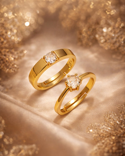 Set of 2 Gold Plated CZ Solitaire Couple Rings