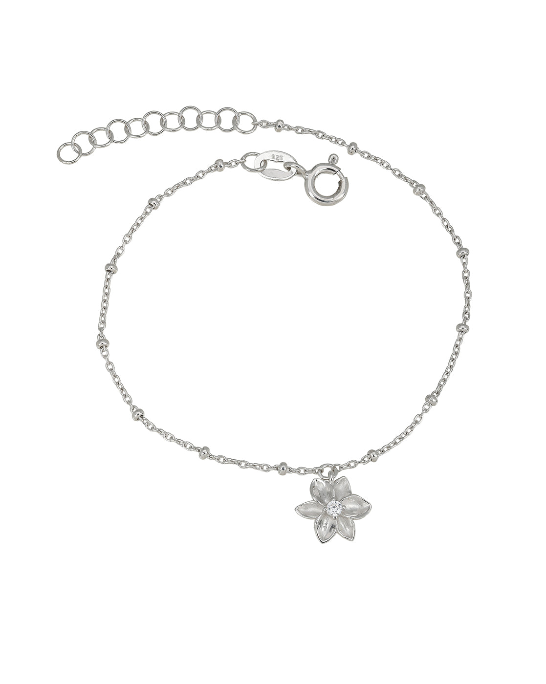 925 Sterling Silver Rhodium Plated CZ Floral Charm Adjustable Bracelet
