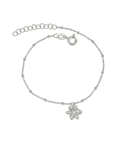 925 Sterling Silver Rhodium Plated CZ Floral Charm Adjustable Bracelet