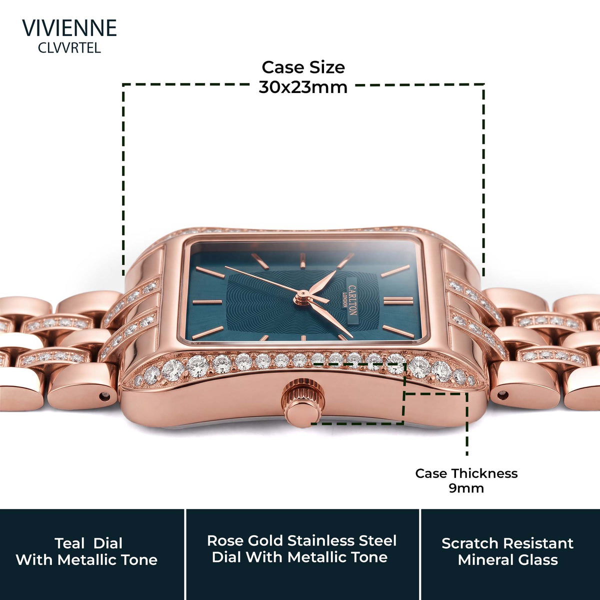 Carlton London Vivienne Women’s Watch - Teal Rectangle Dial, Rose Gold Stainless Steel Strap - CLVVRTEL
