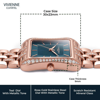 Carlton London Vivienne Women’s Watch - Teal Rectangle Dial, Rose Gold Stainless Steel Strap - CLVVRTEL
