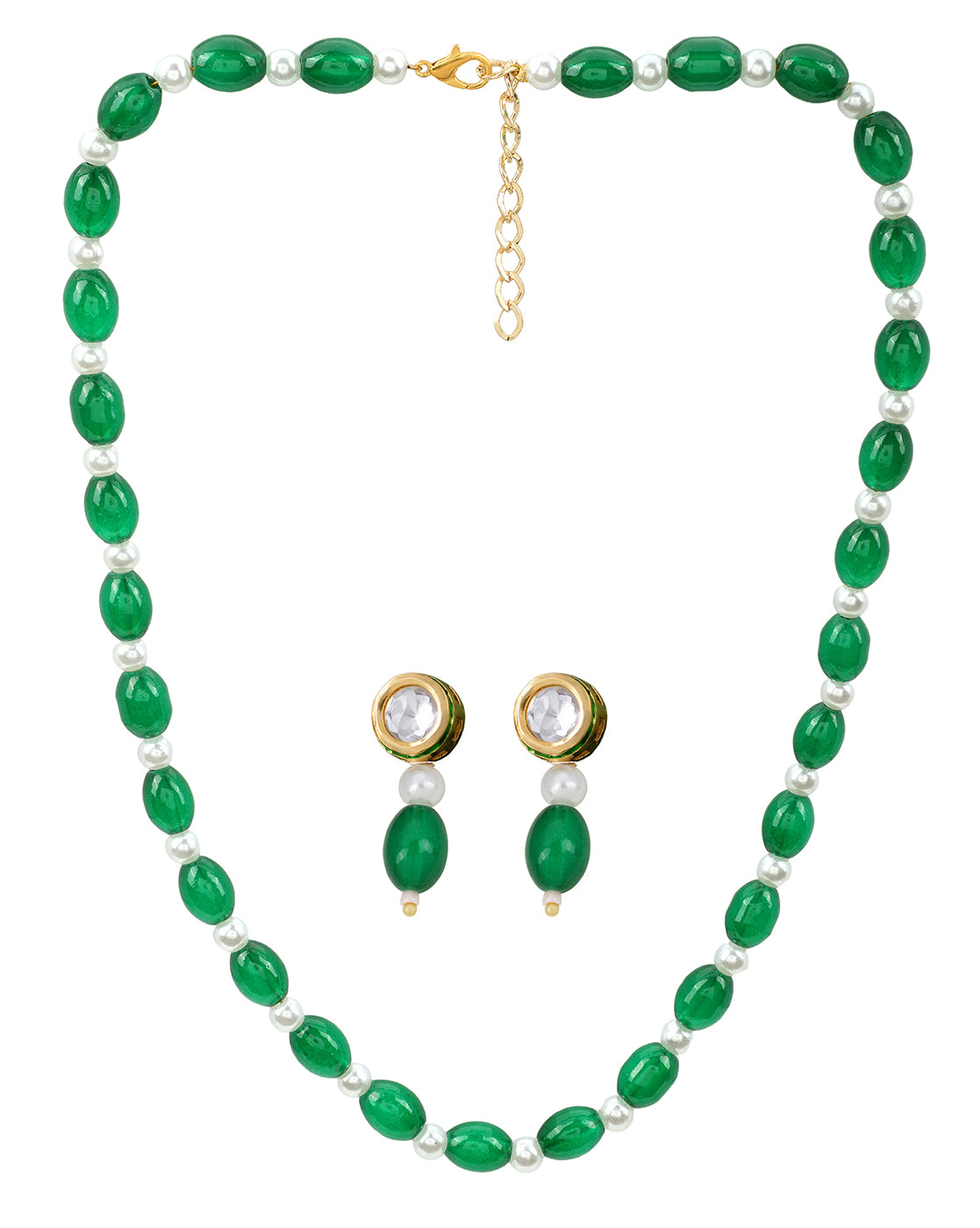 Gold Plated Emerald Green &amp; Pearl Beaded and CZ Jewellery Set