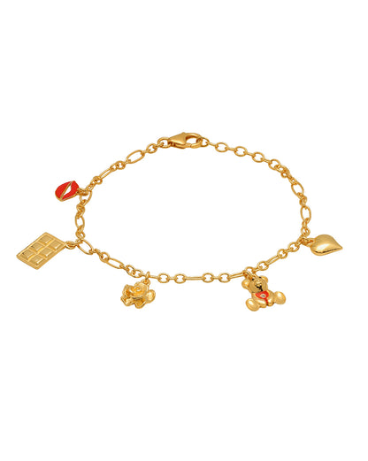 18kt Gold Plated Dangling Floral Teddy Heart Charm Enamel Bracelet
