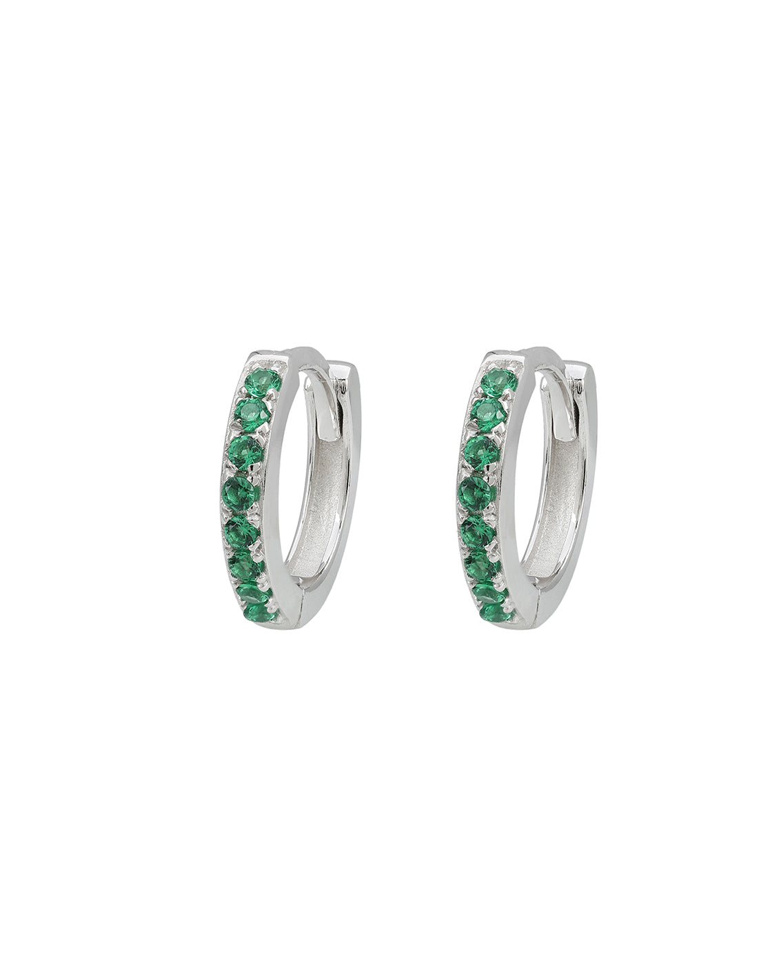925 Sterling Silver Rhodium Plated Emerald Green CZ Studded Mini Hoop Earring
