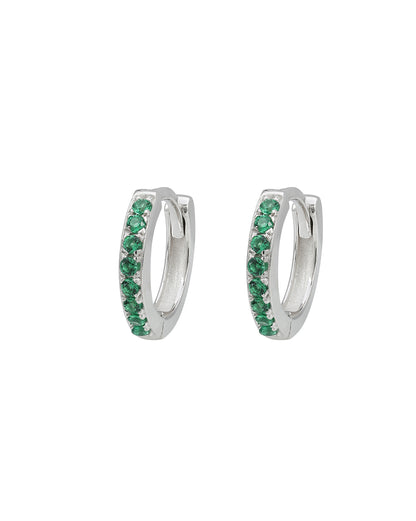 925 Sterling Silver Rhodium Plated Emerald Green CZ Studded Mini Hoop Earring