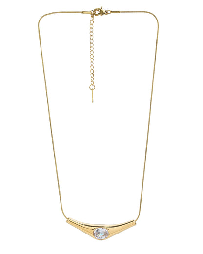 Gold Plated Curved Solitaire Studded Bar Pendant and Snake Chain