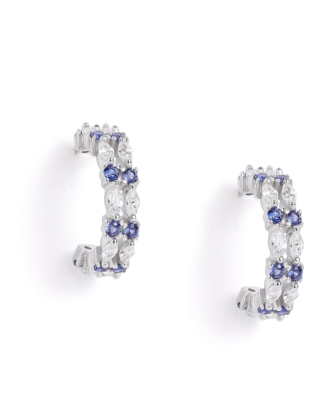 Rhodium Plated Blue Sapphire Studded Double Band Half Hoop Earring