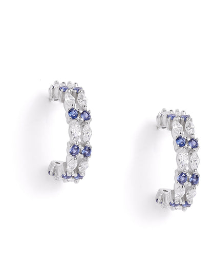 Rhodium Plated Blue Sapphire Studded Double Band Half Hoop Earring
