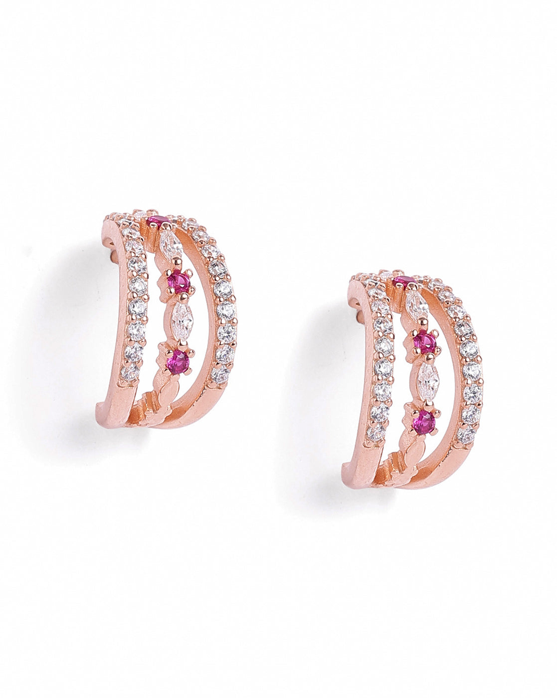 18kt Rose Gold Plated Ruby Studded Triple Band Layered Half Hoop Earring