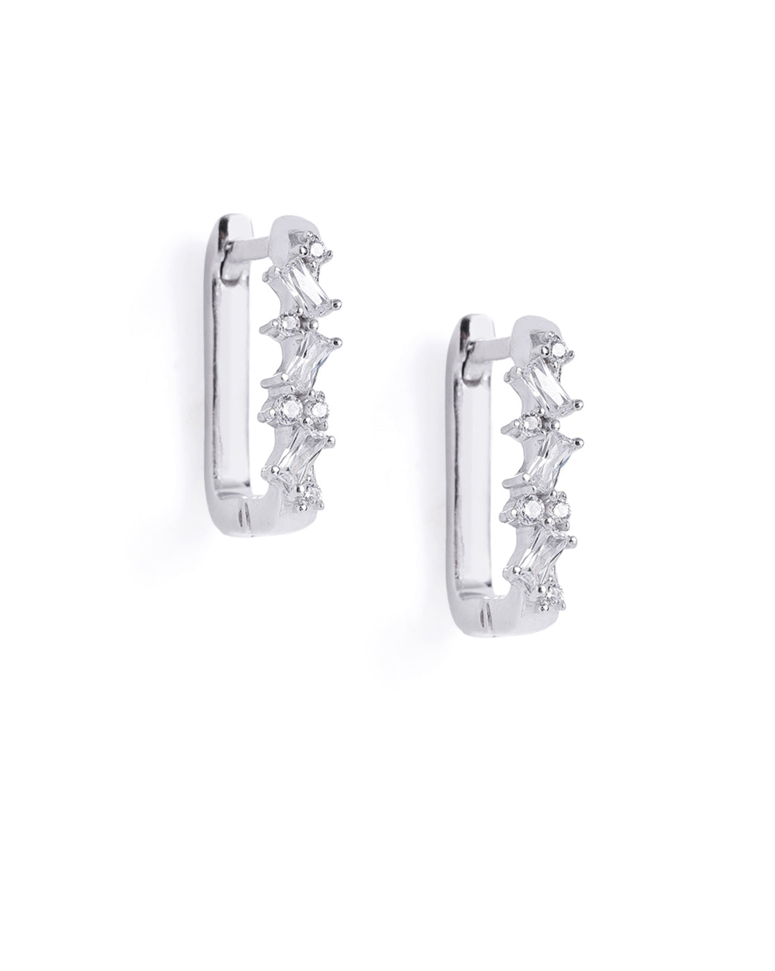 Rhodium Plated Studded Square Hoop Earring with Baguette CZ