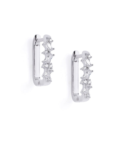 Rhodium Plated Studded Square Hoop Earring with Baguette CZ