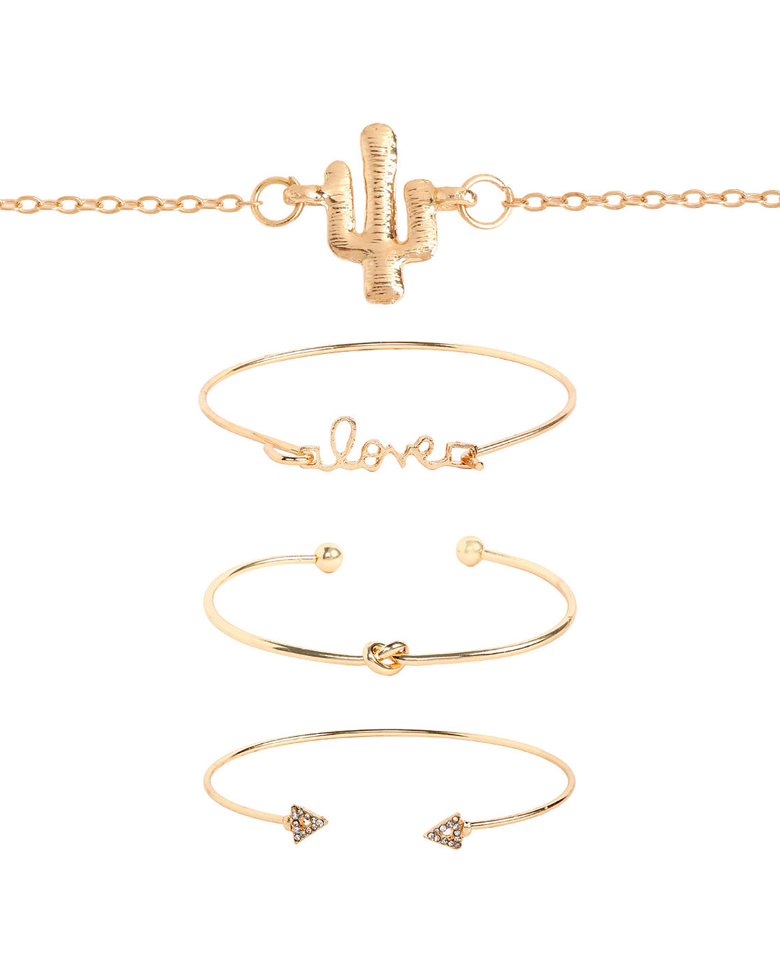 Set of 4 Rose Gold Plated CZ Studded- Knot- Cactus-Love-Stack Cuff Bracelet Multipack Set