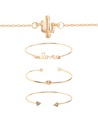 Set of 4 Rose Gold Plated CZ Studded- Knot- Cactus-Love-Stack Cuff Bracelet Multipack Set