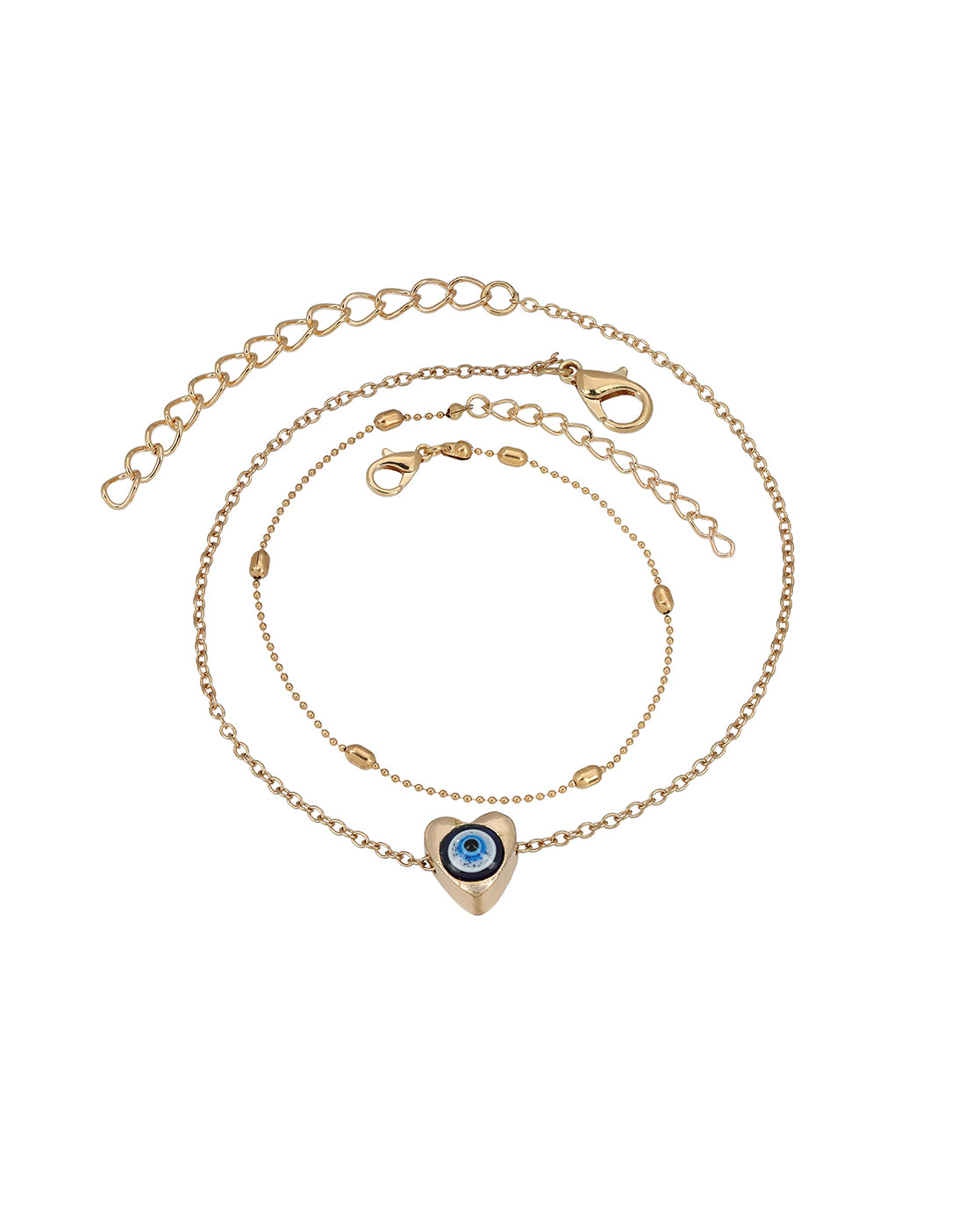 Set of 2 Rose Gold Plated Puff Heart Evil Eye Enamel Layered Anklet
