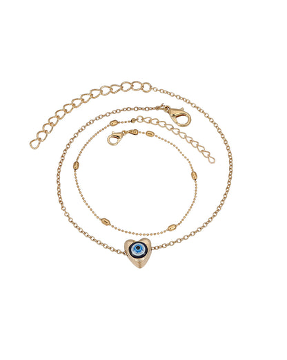 Set of 2 Rose Gold Plated Puff Heart Evil Eye Enamel Layered Anklet