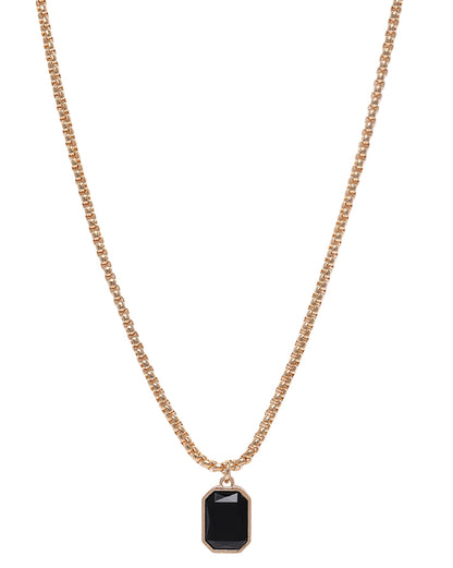 Men Stainless Steel Rose Gold Plated Black Stone Octagon Pendant and Chain
