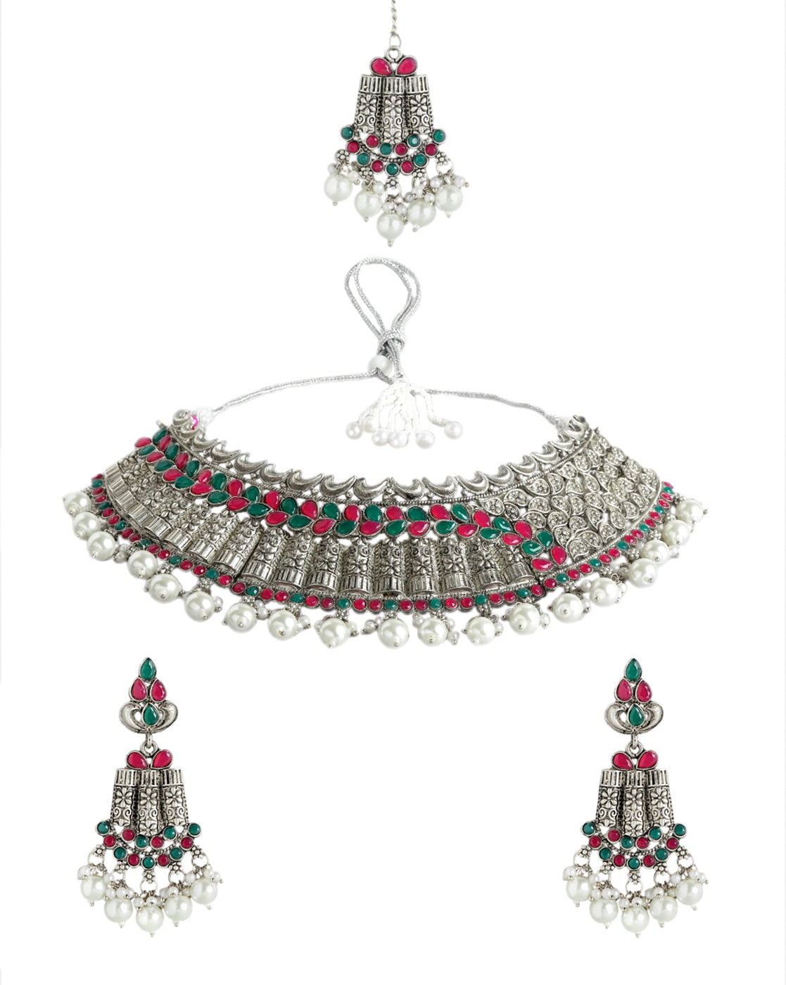 Silver Plated Oxidised Traditional Red Green Stone Jewellery Set with Maang Tika