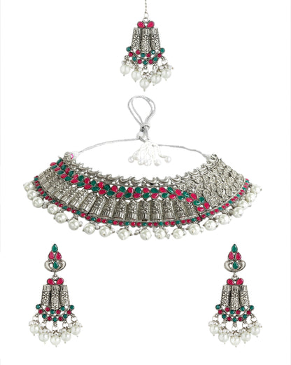 Silver Plated Oxidised Traditional Red Green Stone Jewellery Set with Maang Tika