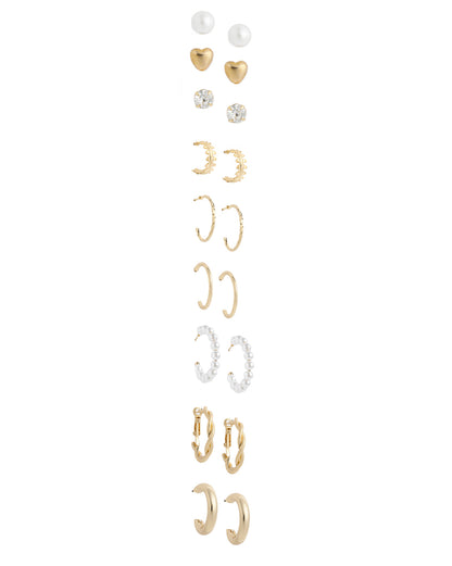 Multipack Set of 9 Gold Plated CZ and Pearl Heart Circular Stud and Hoop Earring