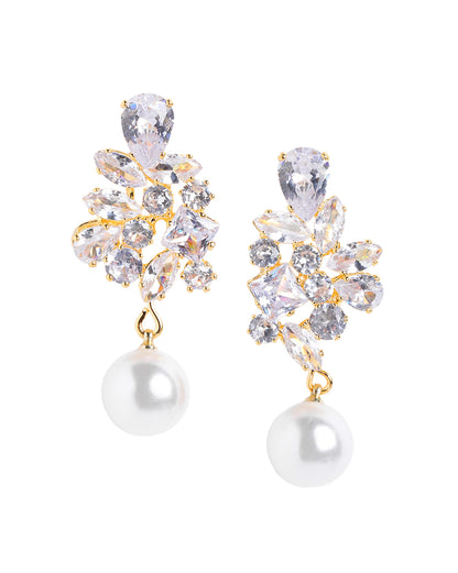 Premium Gold Plated CZ Dangling Pearl Drop Earring