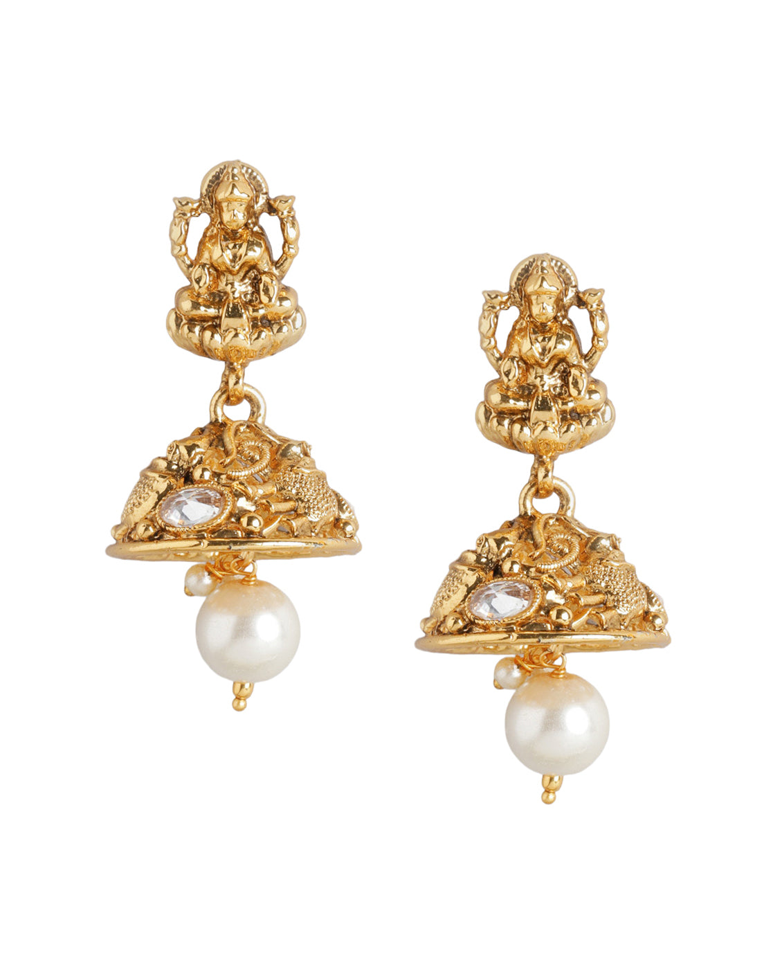 Gold Plated Temple and Laxmi Pearl Dome Jhumka Earring
