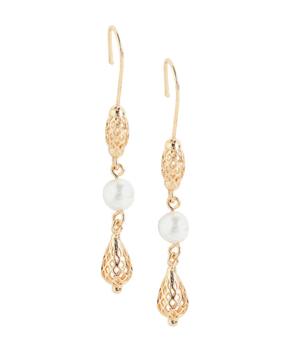 Gold-Plated Elegant Pearl Filigree Drop Earrings
