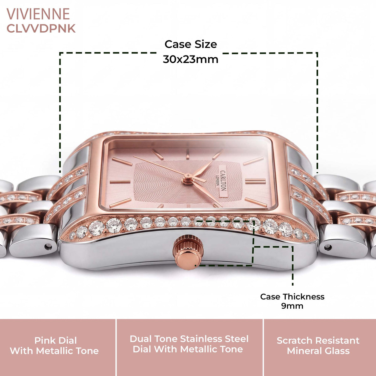 Carlton London Vivienne Women’s Watch - Pink Rectangle Dial, Dual Tone Stainless Steel Strap - CLVVDPNK
