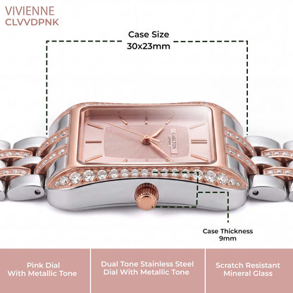 Carlton London Vivienne Women’s Watch - Pink Rectangle Dial, Dual Tone Stainless Steel Strap - CLVVDPNK