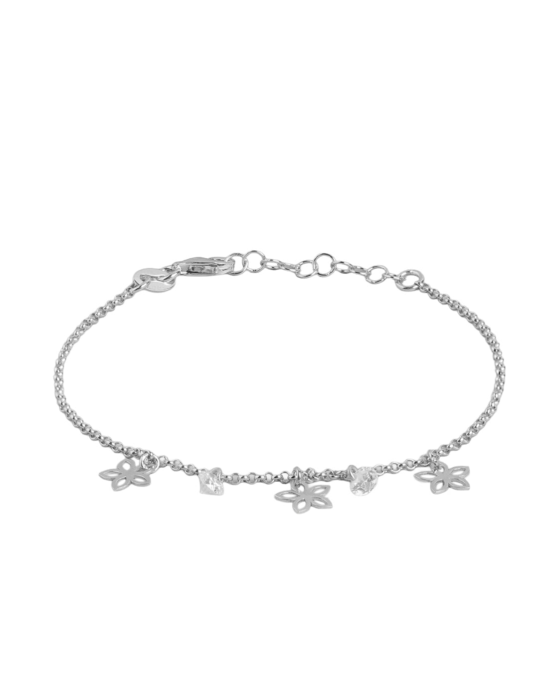 925 Sterling Silver Rhodium-Plated CZ Studded Floral Charm Bracelet