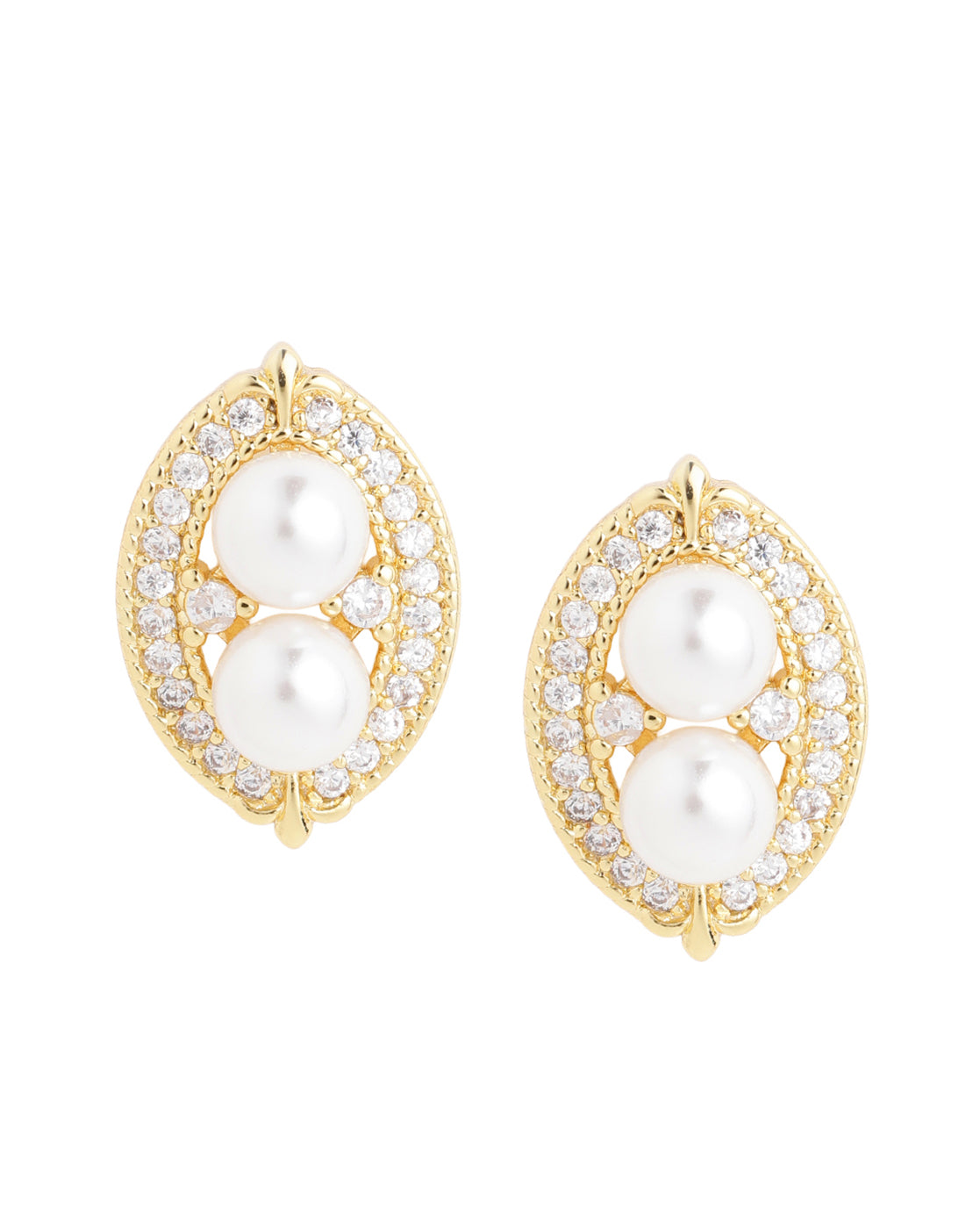 Premium Gold-Plated Twin Pearl CZ Oval Stud Earring