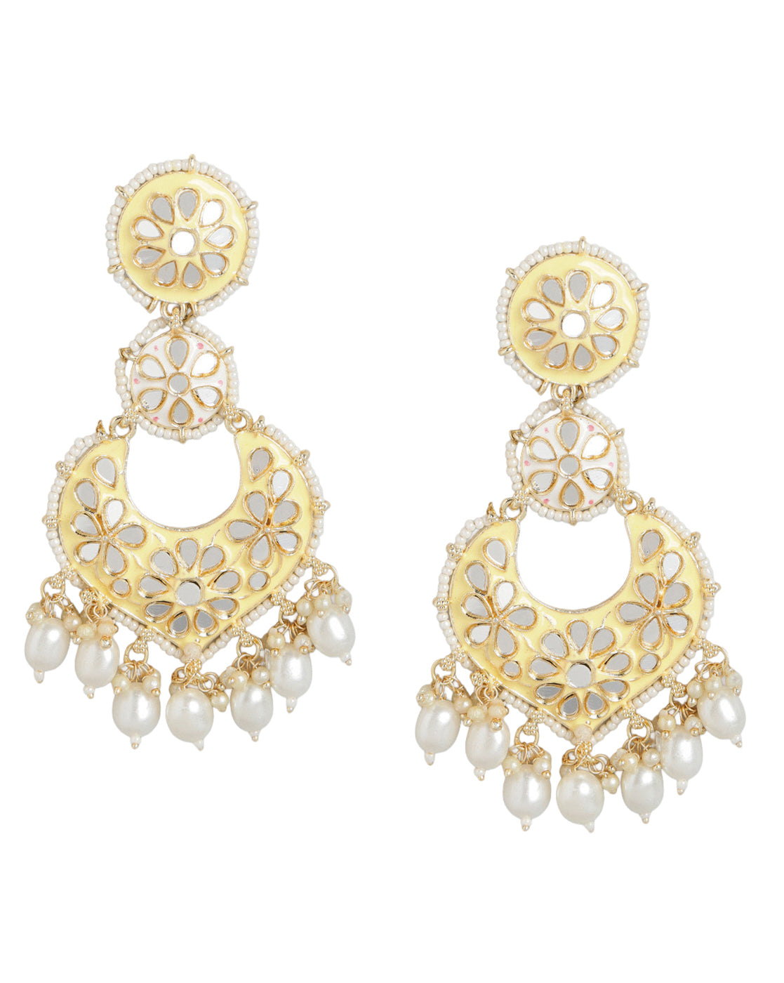 Gold Plated Mirror Studded Enamel &amp; Pearl Chandbali Earrings