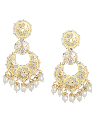 Gold Plated Mirror Studded Enamel &amp; Pearl Chandbali Earrings