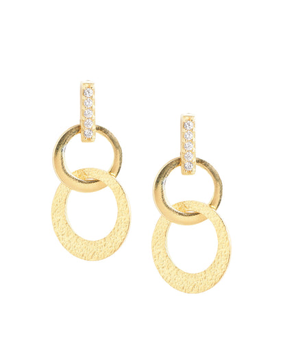 18kt Gold Plated CZ Studded Textured Double Circle Drop Link Earring
