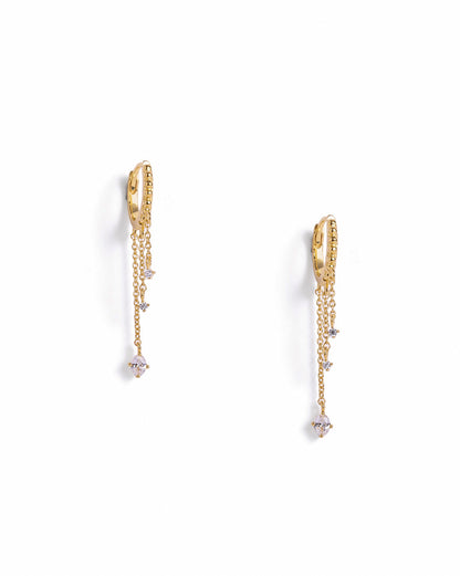 18kt Gold Plated Dangling Chain Studded Huggie Hoop Earring