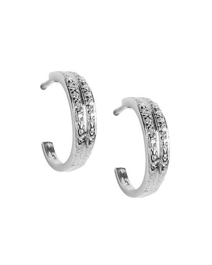 925 Sterling Silver Rhodium Plated CZ Textured Mini Half Hoop Earring